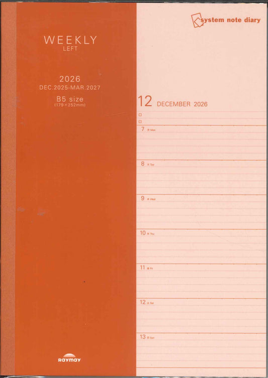 【メール便ＯＫ】レイメイ　2026　ノートダイアリー　ウィークリー・レフト B5　RFDR2678